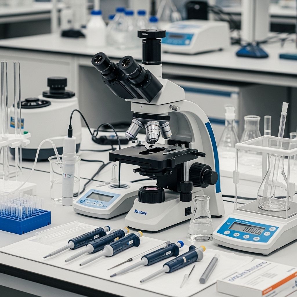 Mikroskooppi laboratoriopöydällä tieteellisten laitteiden ja lasiputkien ympäröimänä, heijastaa tieteellistä tutkimusympäristöä puhtaassa steriloidussa tilassa